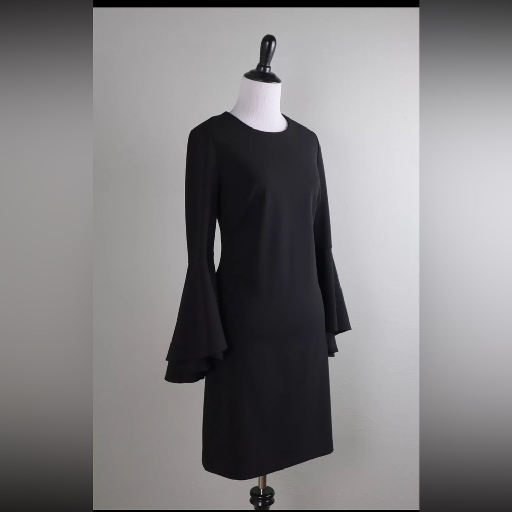 Calvin Klein Solid Black Crepe Stretch Bell Sleeve Sheath Dress